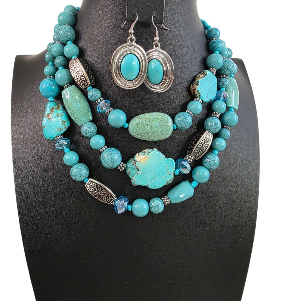 Chunky Turquoise Beaded Statement Necklace Triple Strand Earrings Set Boho